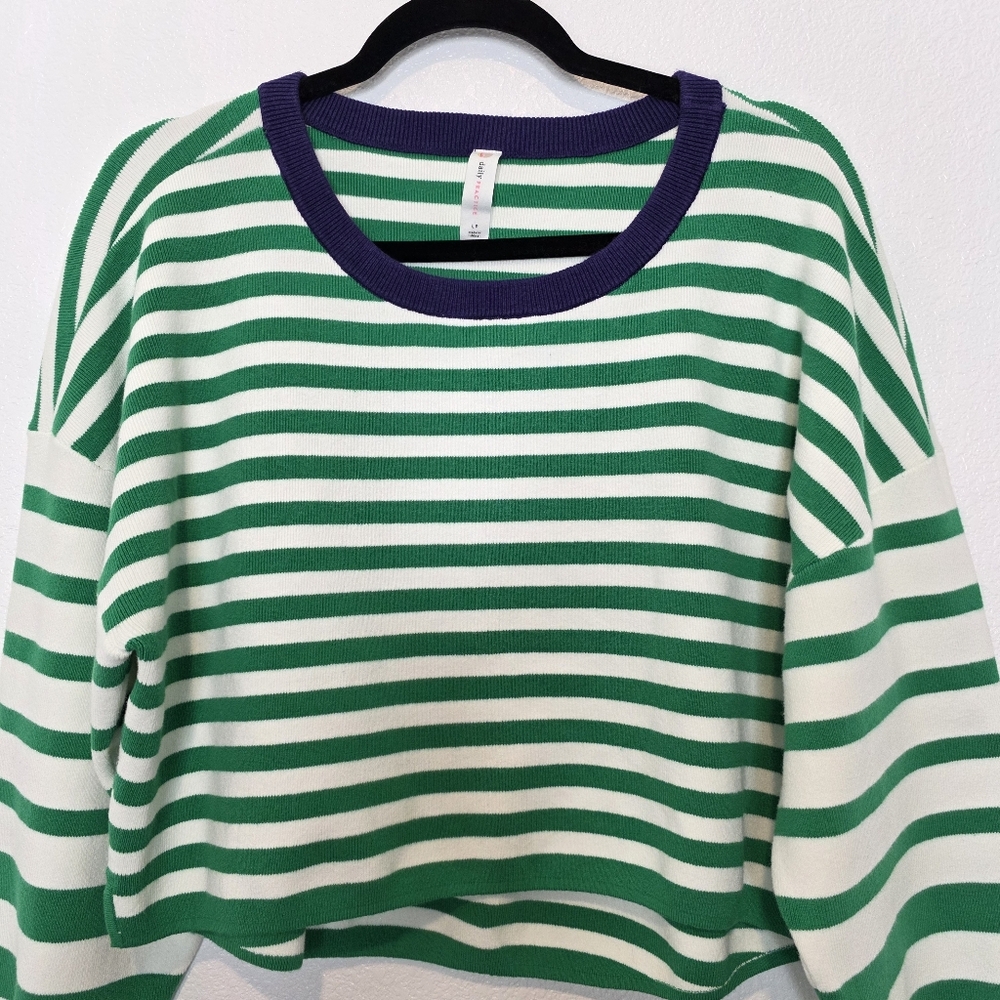 Daily Practice Anthropologie Striped Boxy Crop Sweater Green White Size Large - Picture 5 of 11